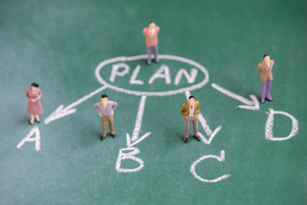 miniature people stand in circle chalk plan and select the way A,B,C or D