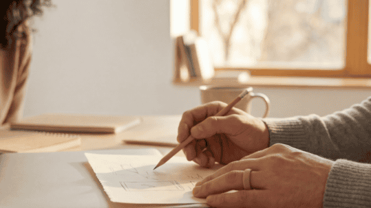 Hands sketching on paper beside a closed laptop at a wooden desk, with a J. Miller Law Firm logo in the bright window view behind.