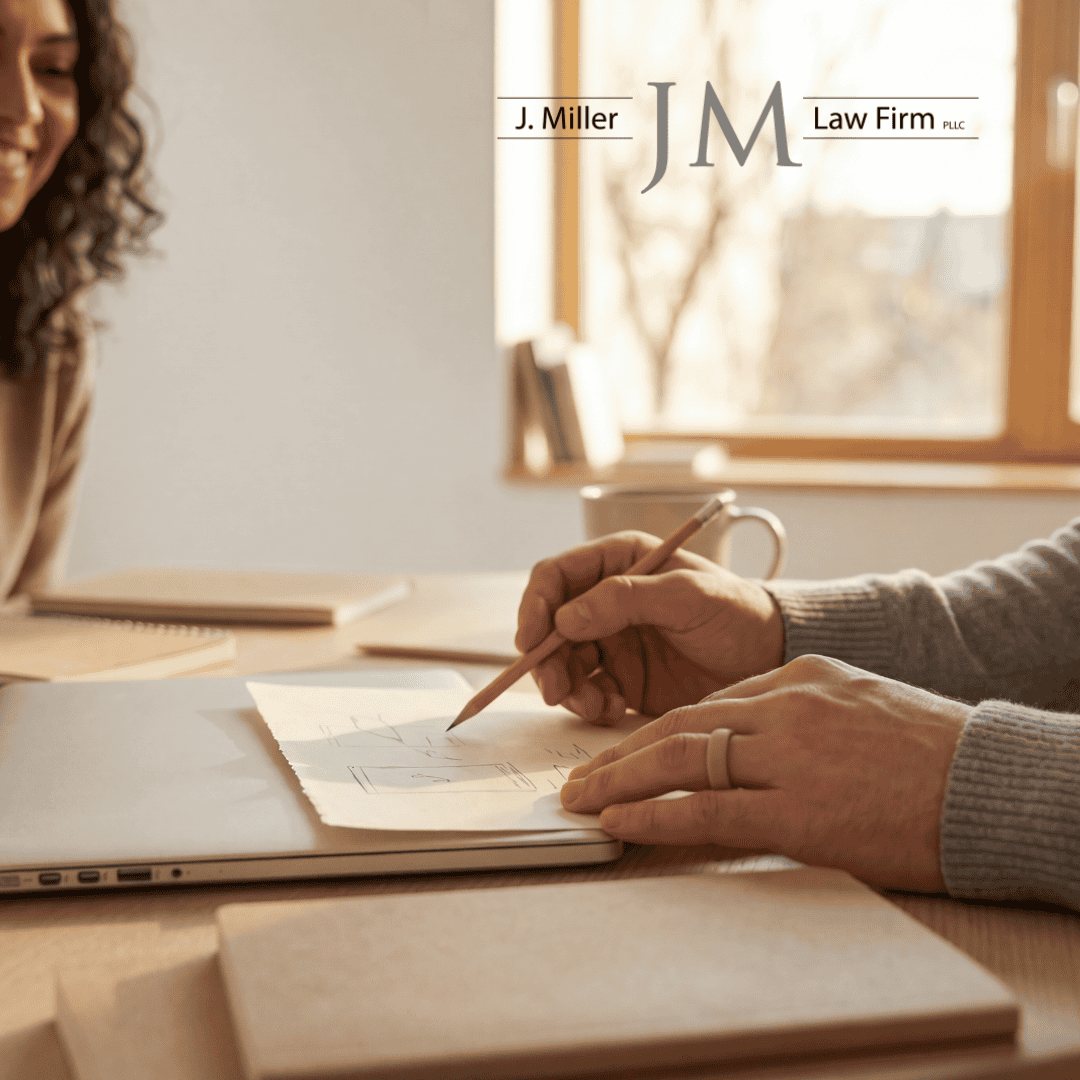 Hands sketching on paper beside a closed laptop at a wooden desk, with a J. Miller Law Firm logo in the bright window view behind.