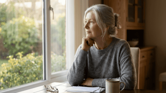 Older woman with gray hair sits at a wooden table by a window, resting her chin on her hand and gazing thoughtfully outside, with papers and a mug in front of her