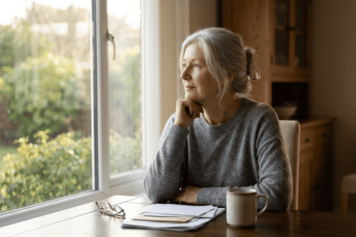 Older woman with gray hair sits at a wooden table by a window, resting her chin on her hand and gazing thoughtfully outside, with papers and a mug in front of her