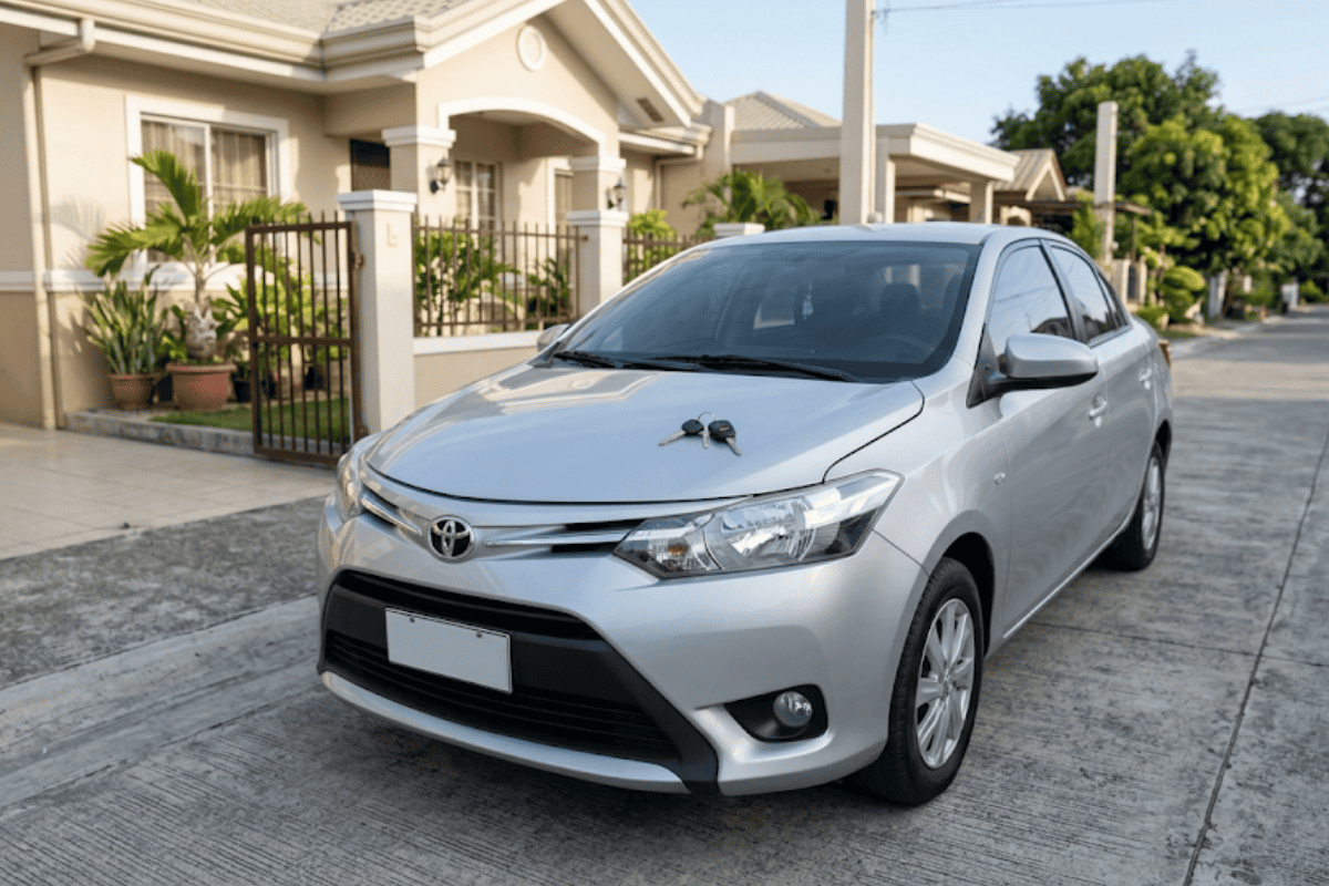 Silver Toyota sedan parked on a residential street with a beige house and gate in the background; keys resting on the hood.
