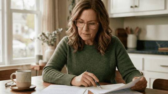 Woman in a green sweater sits at a wooden table, reviewing and signing papers with a pen in a bright kitchen with natural light.