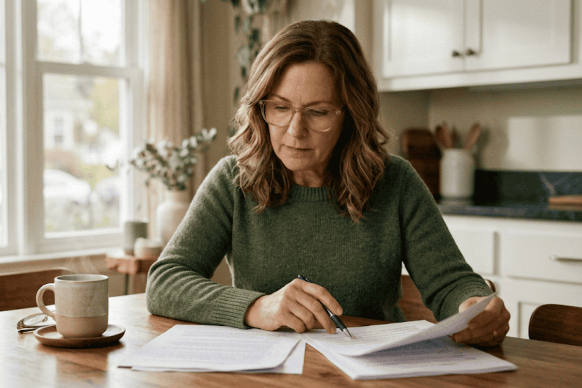 Woman in a green sweater sits at a wooden table, reviewing and signing papers with a pen in a bright kitchen with natural light.
