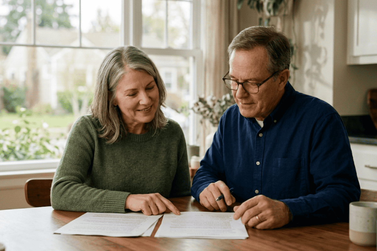 Older couple sits at a kitchen table reviewing and signing papers together.