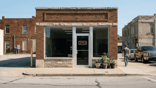 Brick storefront with a glass door and an 'OPEN' sign, potted plants outside, sidewalk and a man walking away on the right under a clear blue sky.