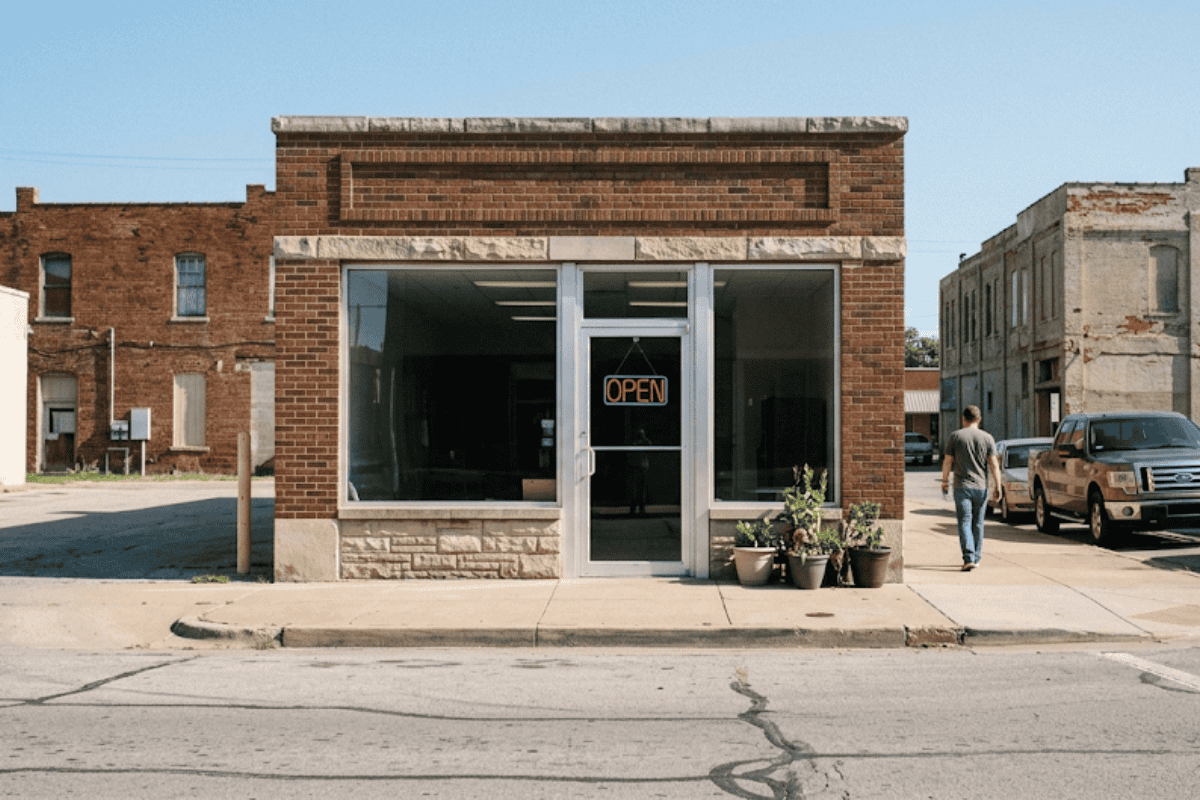 Brick storefront with a glass door and an 'OPEN' sign, potted plants outside, sidewalk and a man walking away on the right under a clear blue sky.