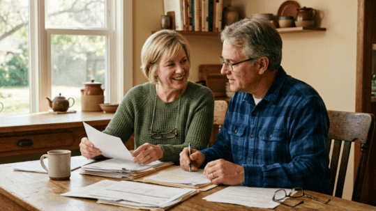 Older couple at a wooden table reviewing documents together in a sunny kitchen beyond the window.