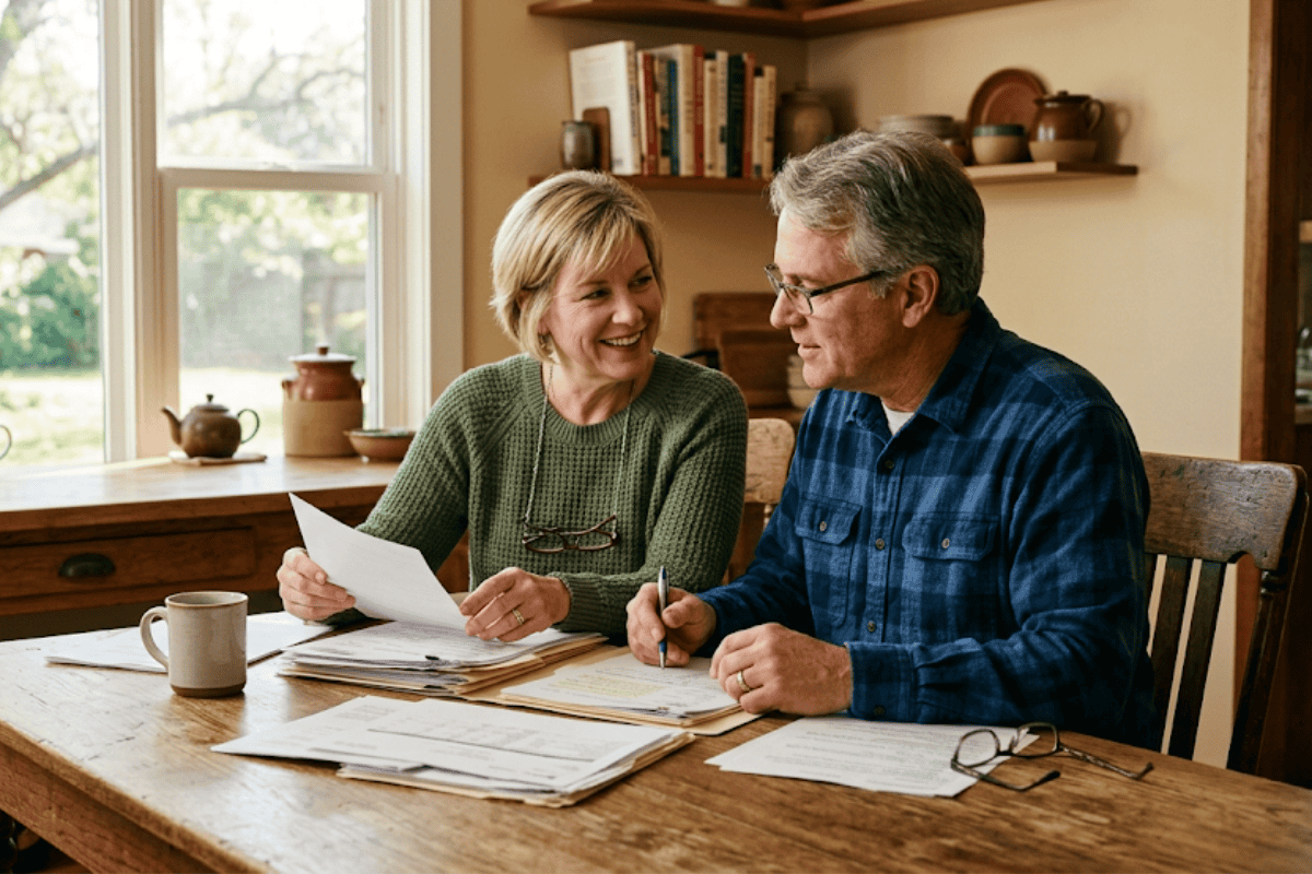Older couple at a wooden table reviewing documents together in a sunny kitchen beyond the window.