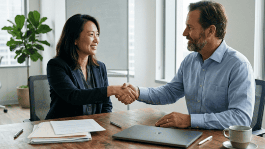 Two business professionals shake hands across a wooden table in a bright office, with papers, a laptop, and a coffee mug nearby.