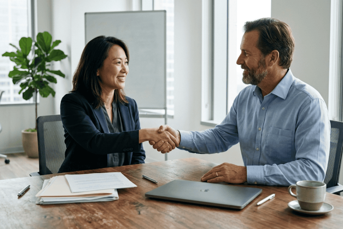Two business professionals shake hands across a wooden table in a bright office, with papers, a laptop, and a coffee mug nearby.